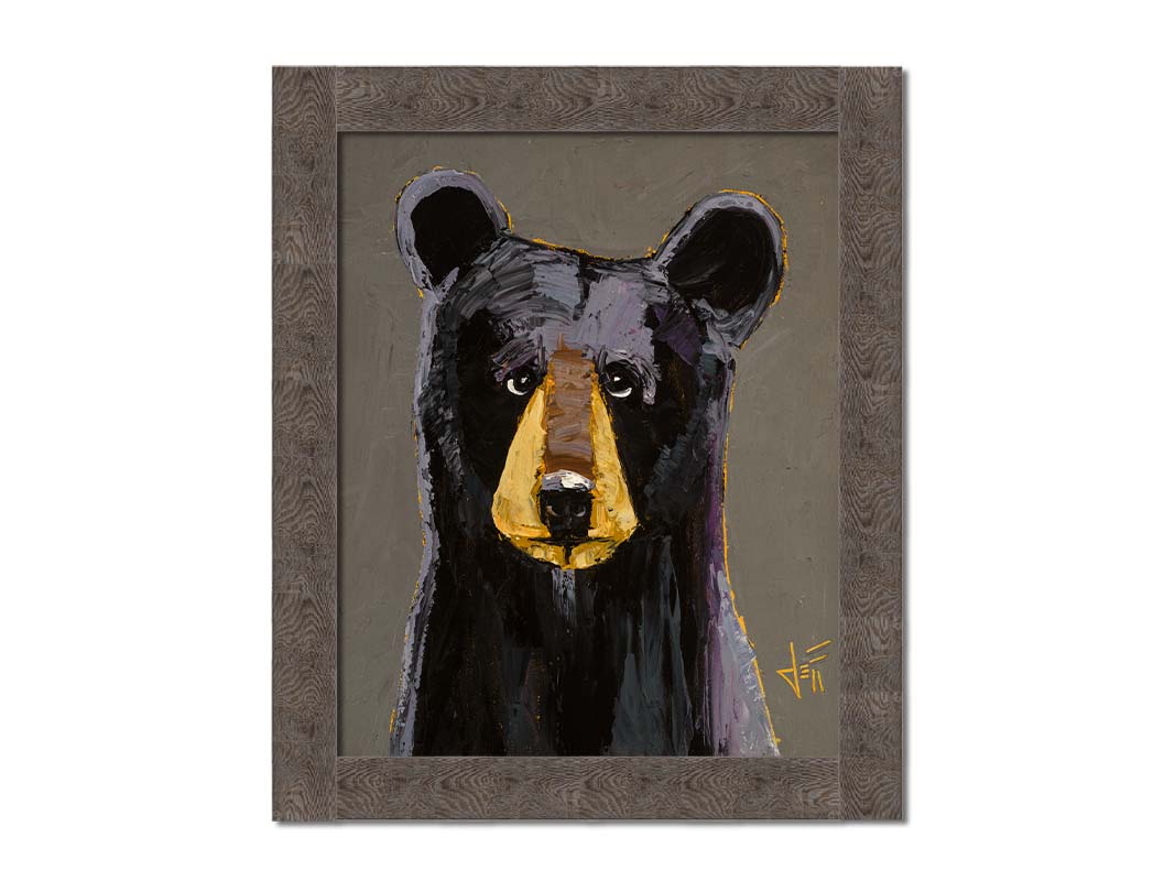 A painting of a black bear, highlighted with purple, against a warm gray backdrop. Printed on canvas and framed.