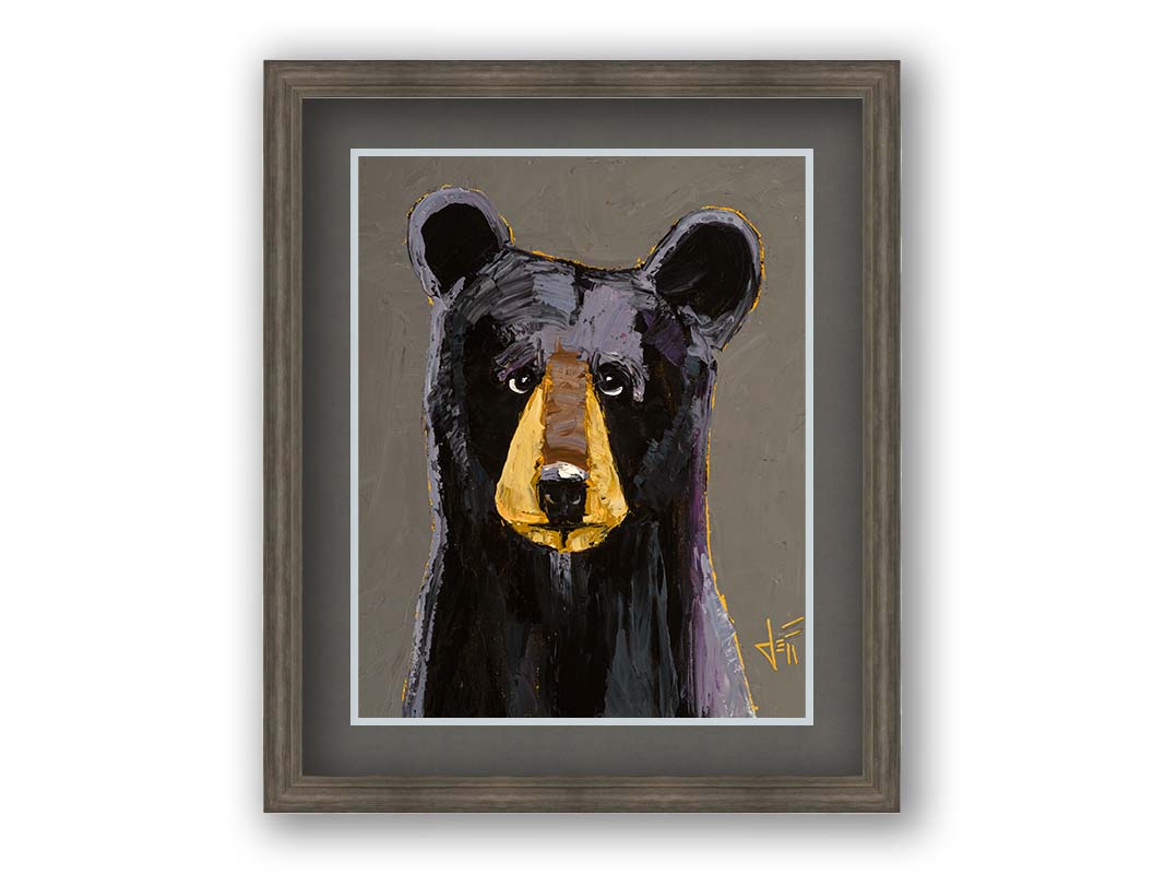 A painting of a black bear, highlighted with purple, against a warm gray backdrop. Printed on paper, matted, and framed.