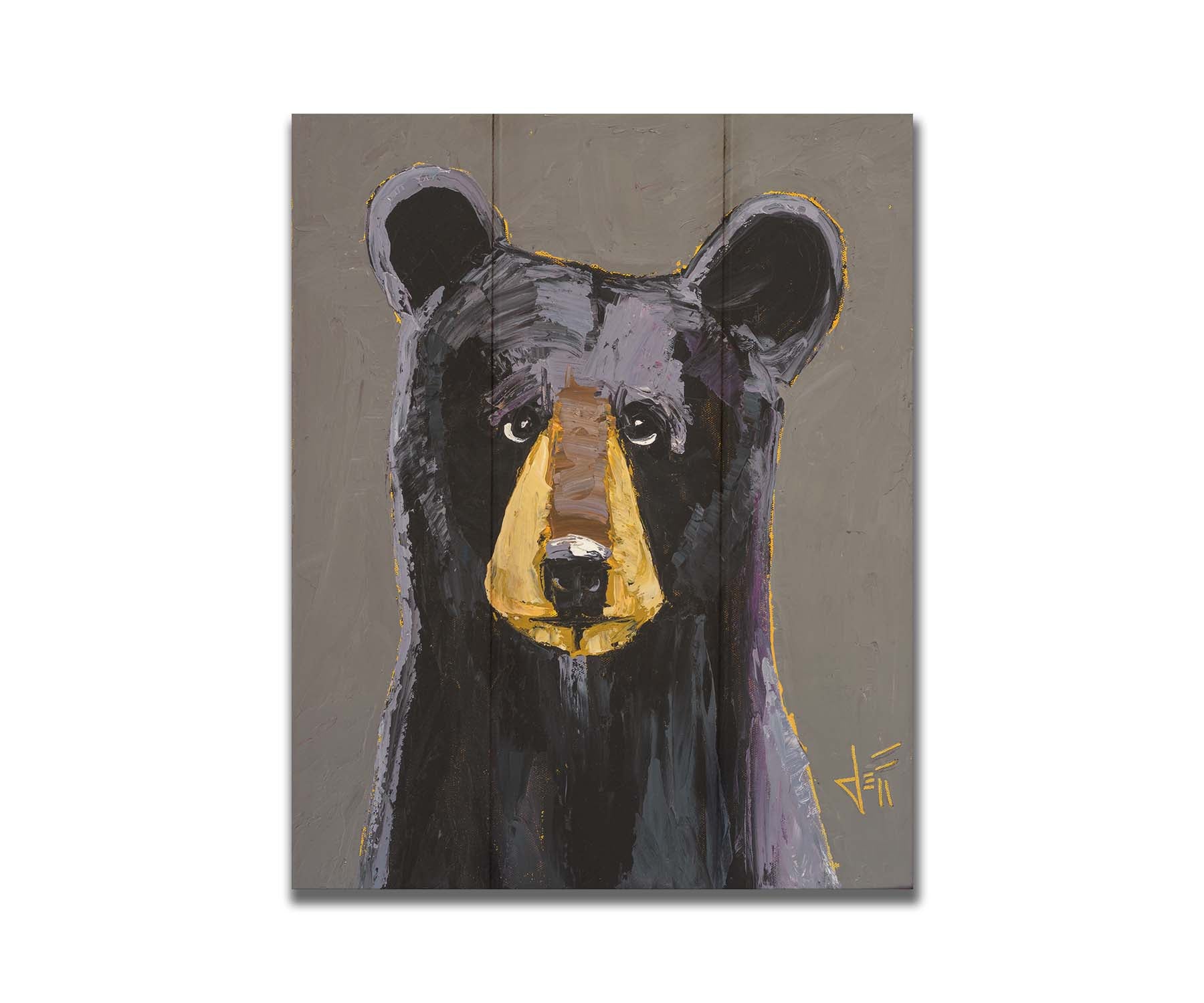 A painting of a black bear, highlighted with purple, against a warm gray backdrop. Printed on a box board.