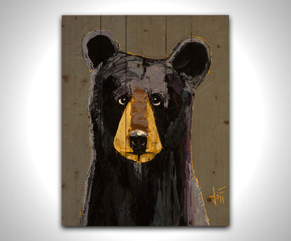 A painting of a black bear, highlighted with purple, against a warm gray backdrop. Printed on a wood pallet.