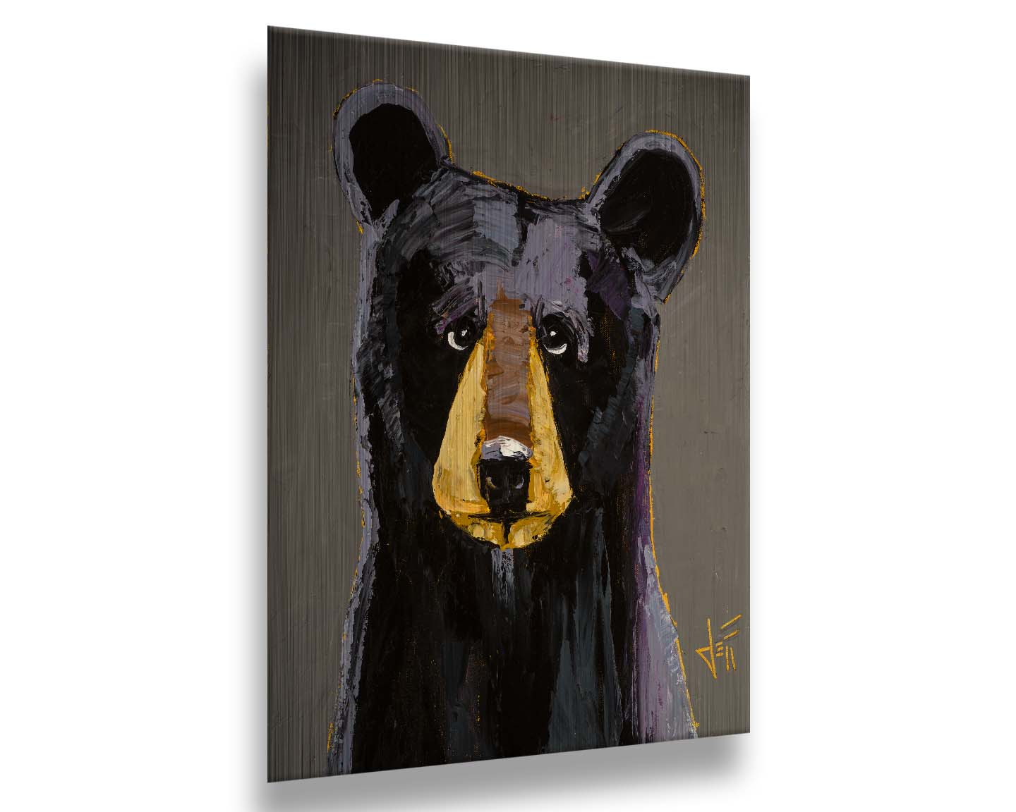 A painting of a black bear, highlighted with purple, against a warm gray backdrop. Printed on metal.