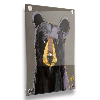 A painting of a black bear, highlighted with purple, against a warm gray backdrop. Printed on acrylic.