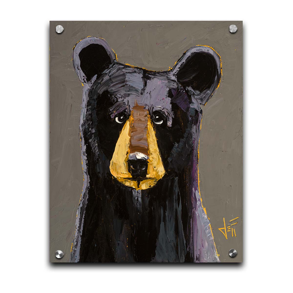 A painting of a black bear, highlighted with purple, against a warm gray backdrop. Printed on acrylic.