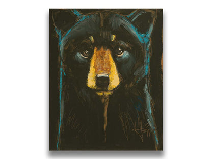 A painting of a black bear against a black background, separated from each other by blue rim lighting on the bear's fur. Printed on canvas.