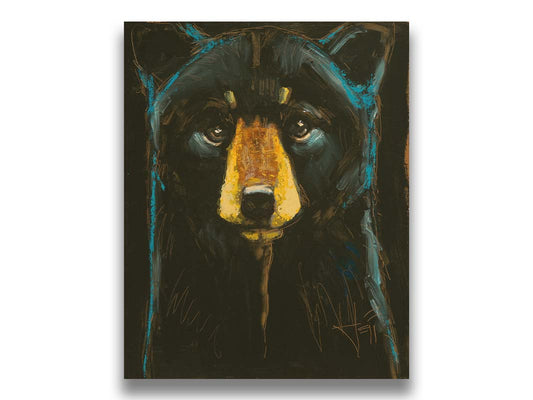 A painting of a black bear against a black background, separated from each other by blue rim lighting on the bear's fur. Printed on canvas.