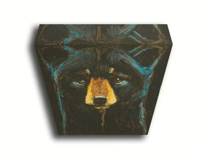 A painting of a black bear against a black background, separated from each other by blue rim lighting on the bear's fur. Printed on canvas.