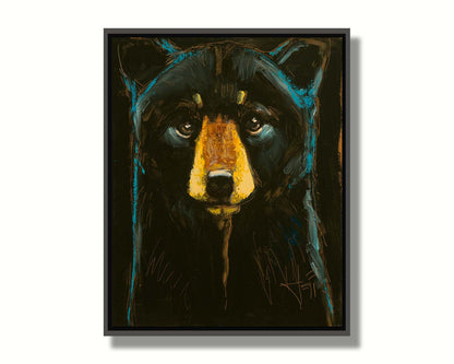 A painting of a black bear against a black background, separated from each other by blue rim lighting on the bear's fur. Printed on canvas in a float frame.