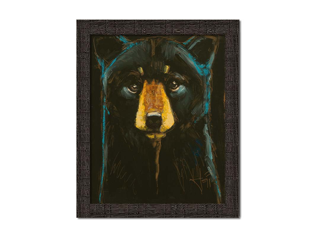 A painting of a black bear against a black background, separated from each other by blue rim lighting on the bear's fur. Printed on canvas and framed.