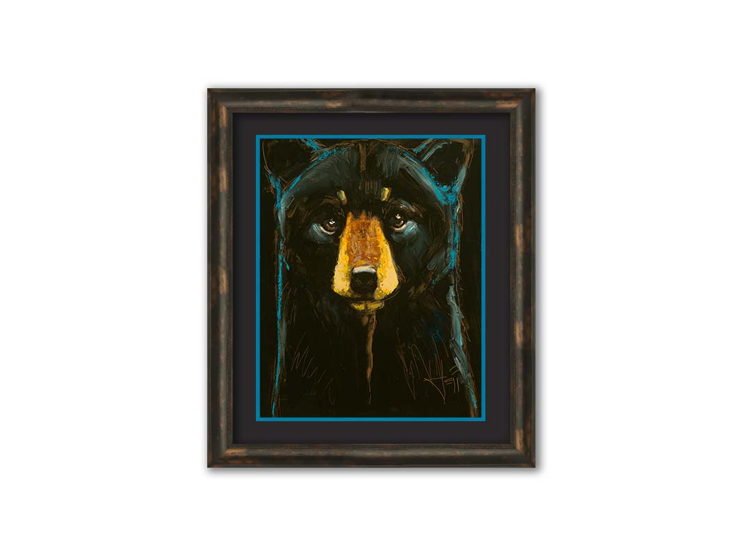 A painting of a black bear against a black background, separated from each other by blue rim lighting on the bear's fur. Printed on paper, matted, and framed.