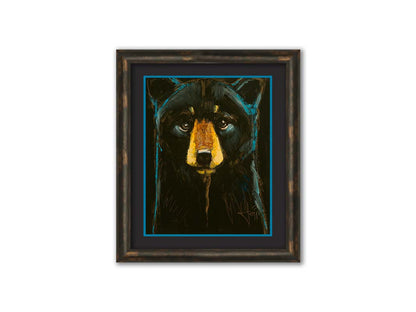 A painting of a black bear against a black background, separated from each other by blue rim lighting on the bear's fur. Printed on paper, matted, and framed.