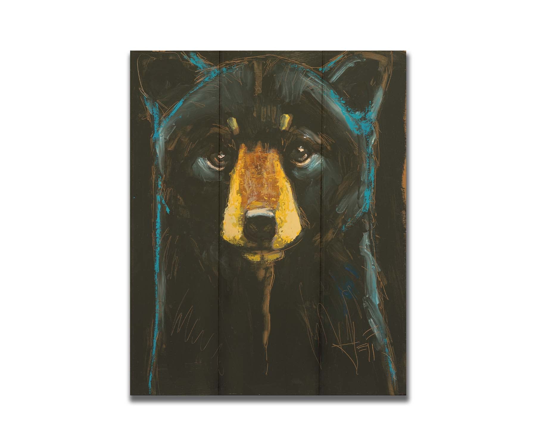 A painting of a black bear against a black background, separated from each other by blue rim lighting on the bear's fur. Printed on a box board.