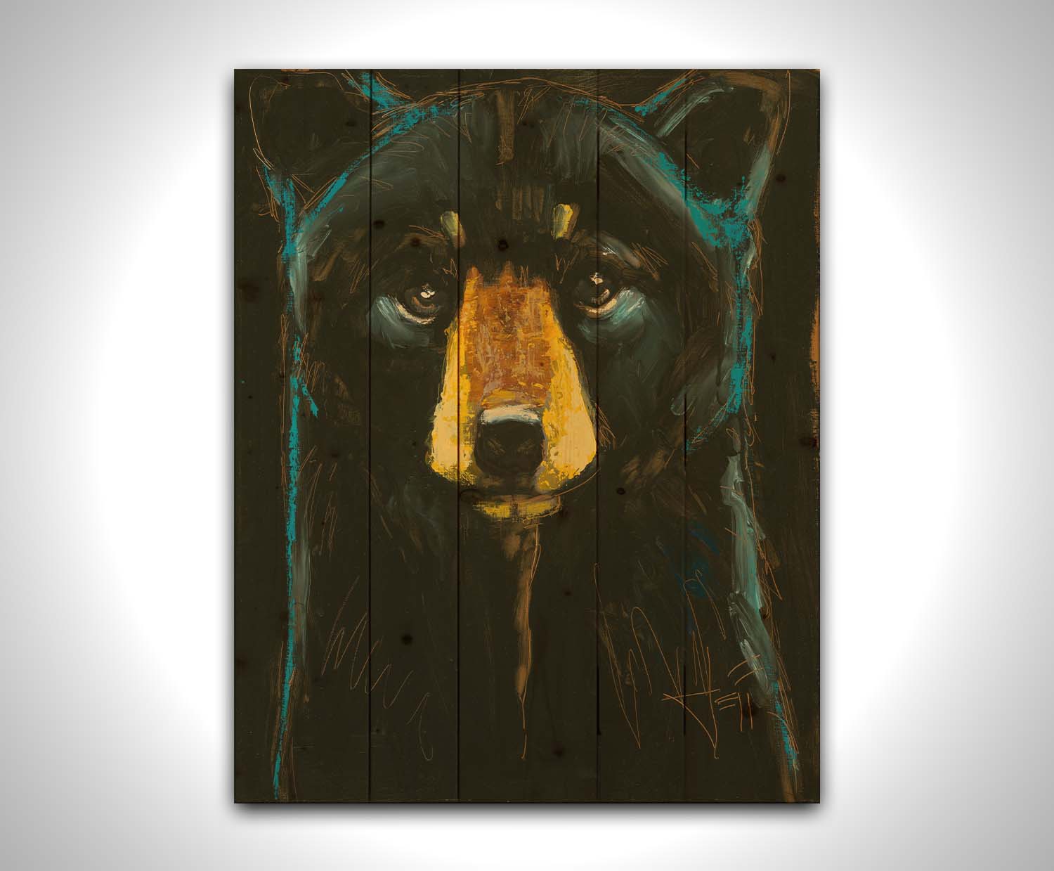 A painting of a black bear against a black background, separated from each other by blue rim lighting on the bear's fur. Printed on a wood pallet.