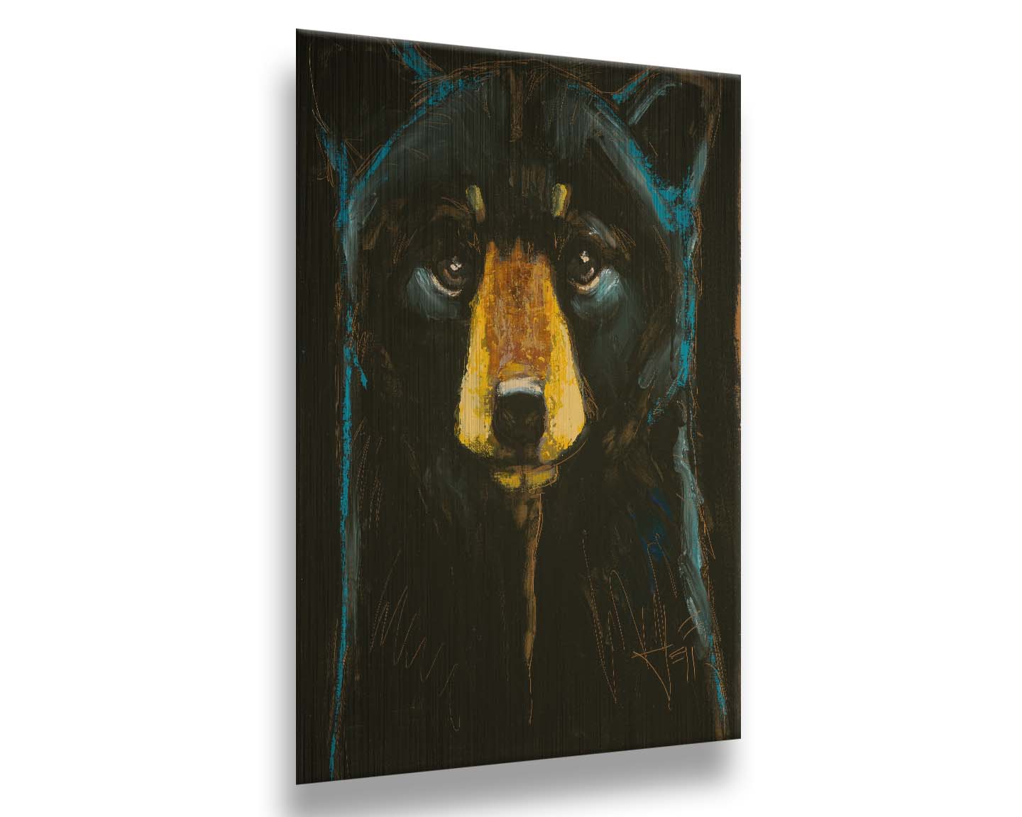 A painting of a black bear against a black background, separated from each other by blue rim lighting on the bear's fur. Printed on metal.