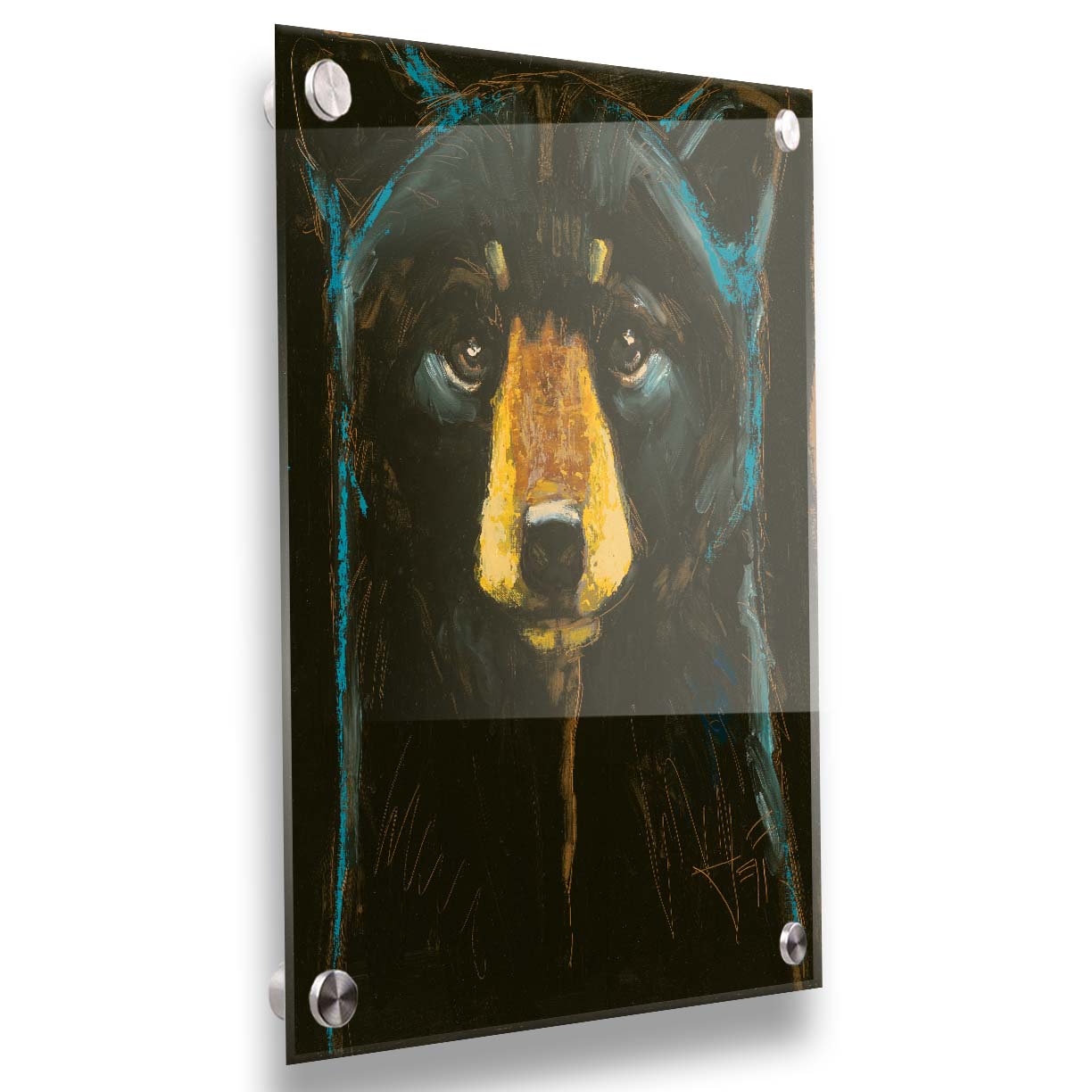 A painting of a black bear against a black background, separated from each other by blue rim lighting on the bear's fur. Printed on acrylic.