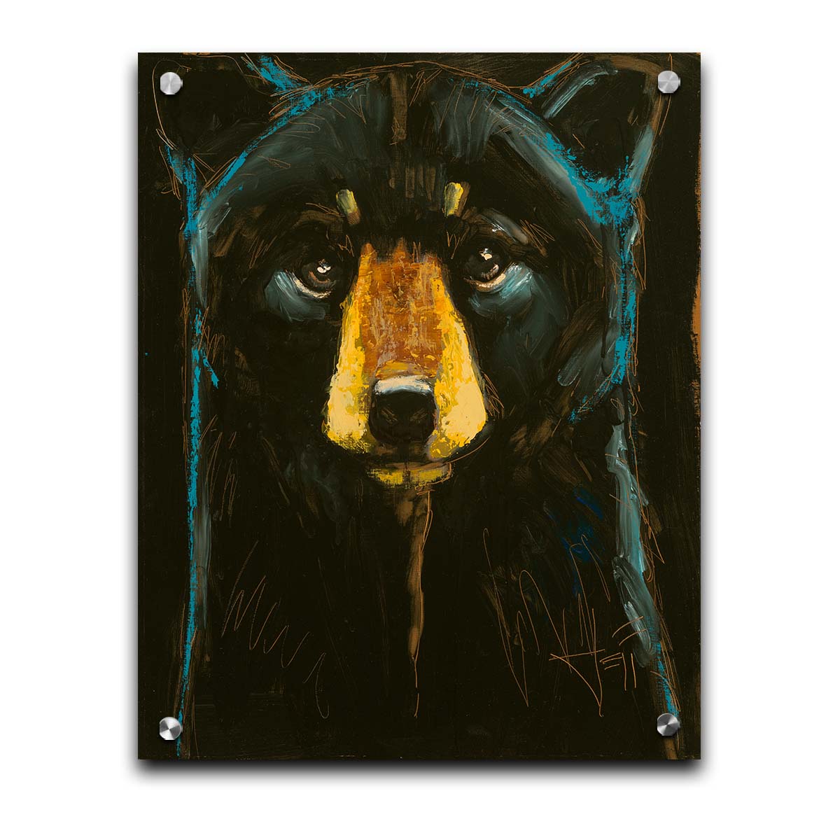 A painting of a black bear against a black background, separated from each other by blue rim lighting on the bear's fur. Printed on acrylic.