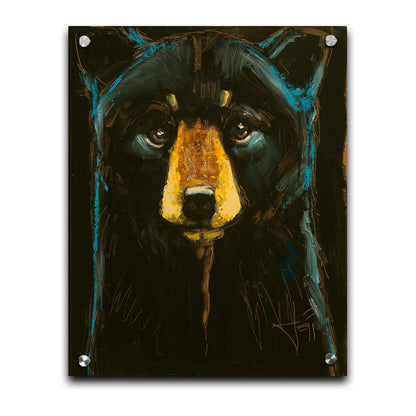 A painting of a black bear against a black background, separated from each other by blue rim lighting on the bear's fur. Printed on acrylic.