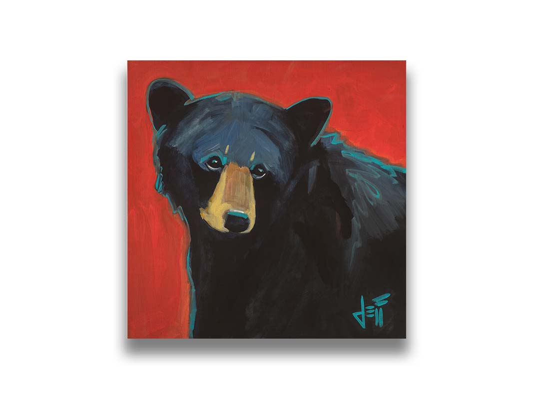 A painting of a black bear against a red background. Printed on canvas.