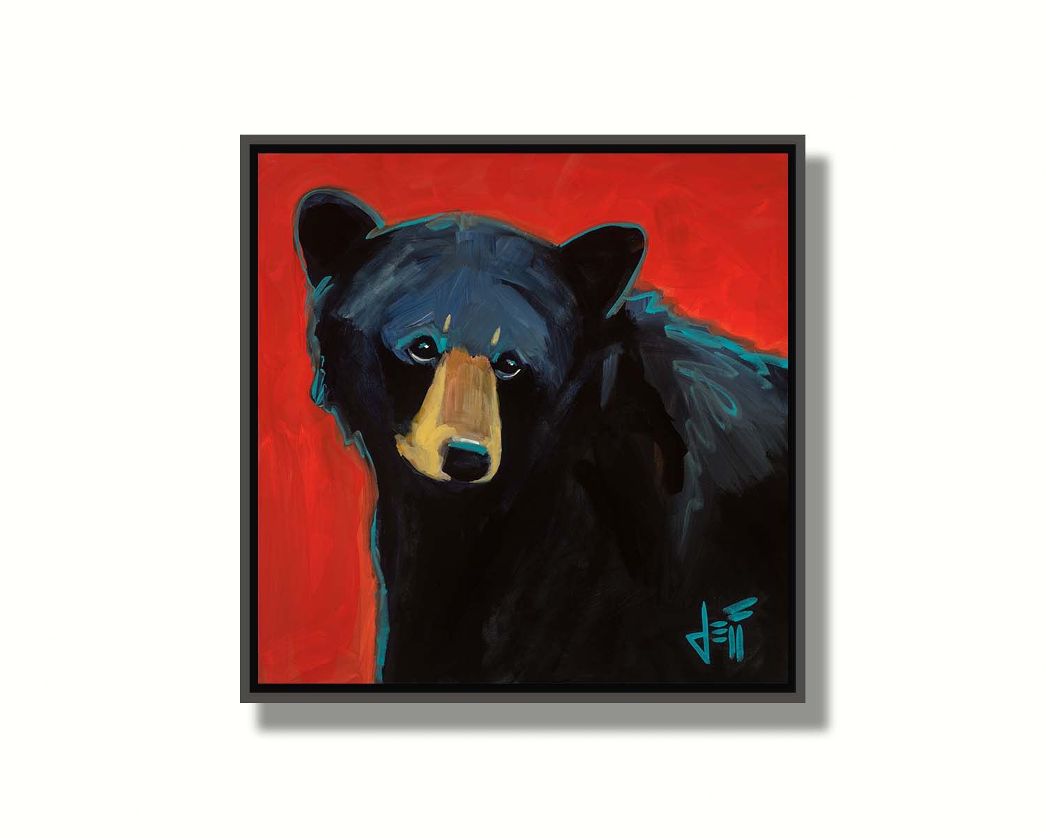 A painting of a black bear against a red background. Printed on canvas in a float frame.