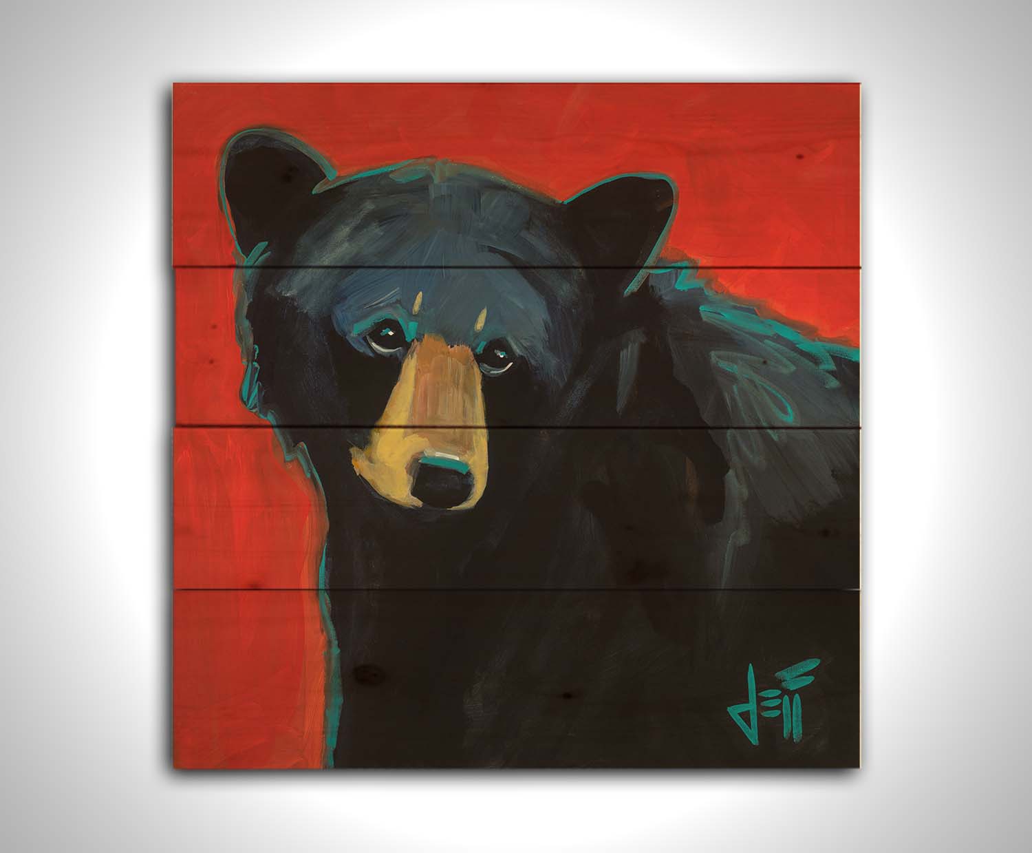 A painting of a black bear against a red background. Printed on wood.