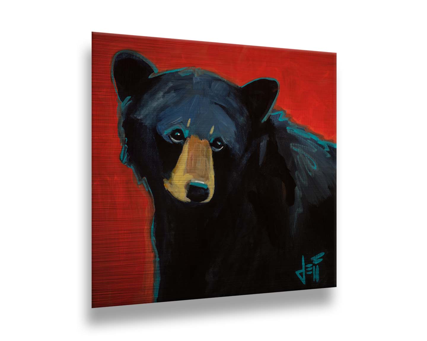 A painting of a black bear against a red background. Printed on metal.