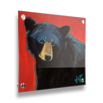 A painting of a black bear against a red background. Printed on acrylic.