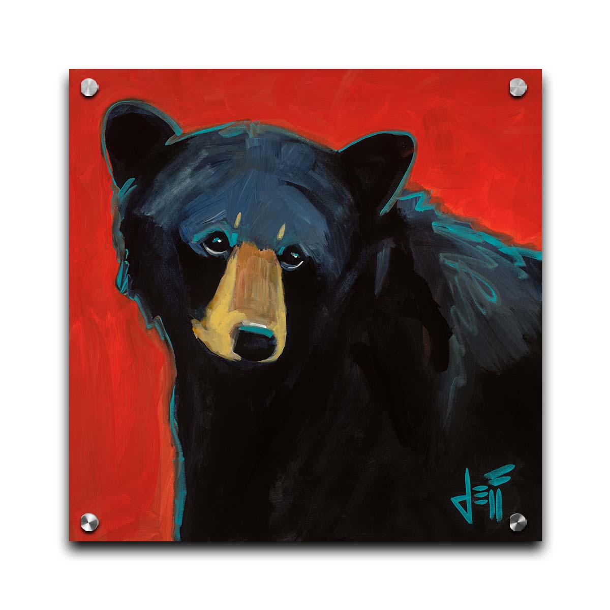 A painting of a black bear against a red background. Printed on acrylic.