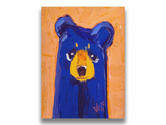 A portrait of a blue bear in a simple style focusing on forms and colors. It is contrasted by a peachy orange background. The simple shapes are given life through testure and visible brush work. Printed on canvas.