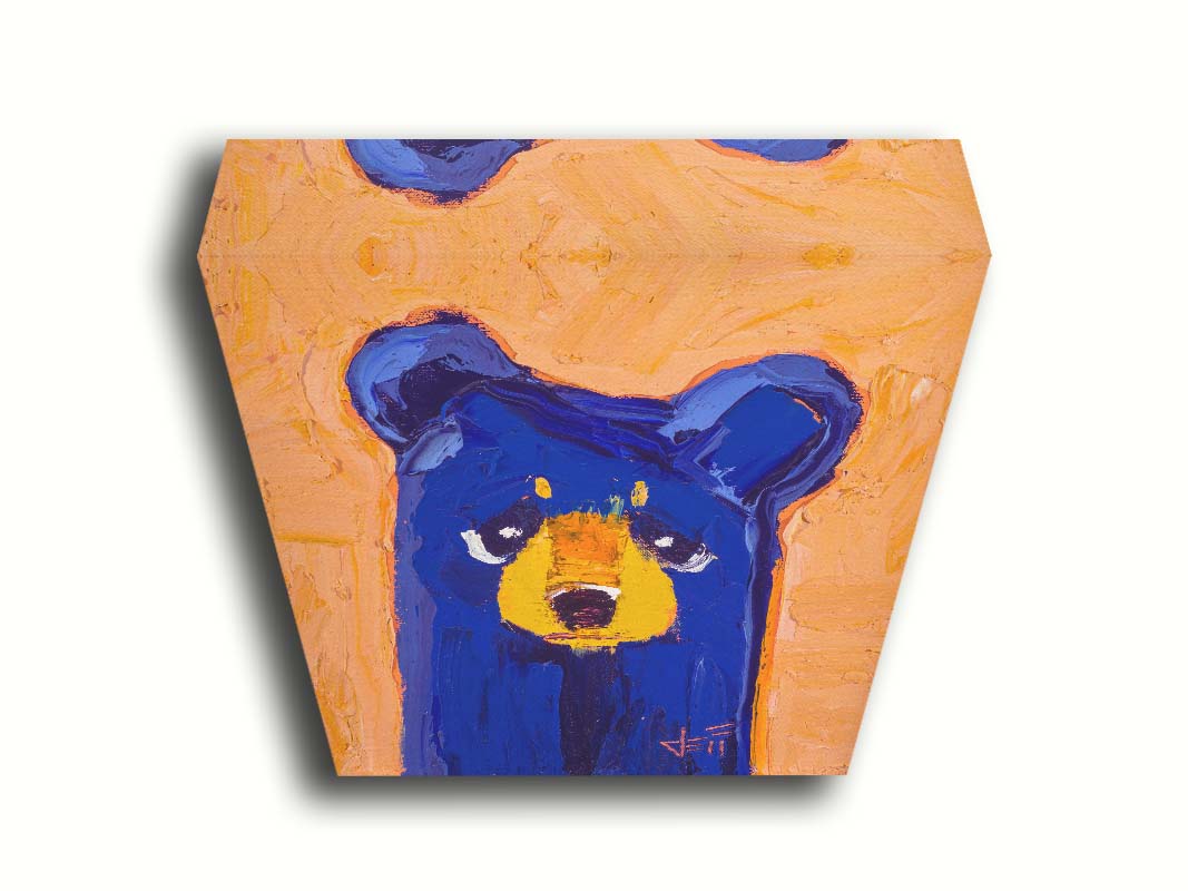 A portrait of a blue bear in a simple style focusing on forms and colors. It is contrasted by a peachy orange background. The simple shapes are given life through testure and visible brush work. Printed on canvas.