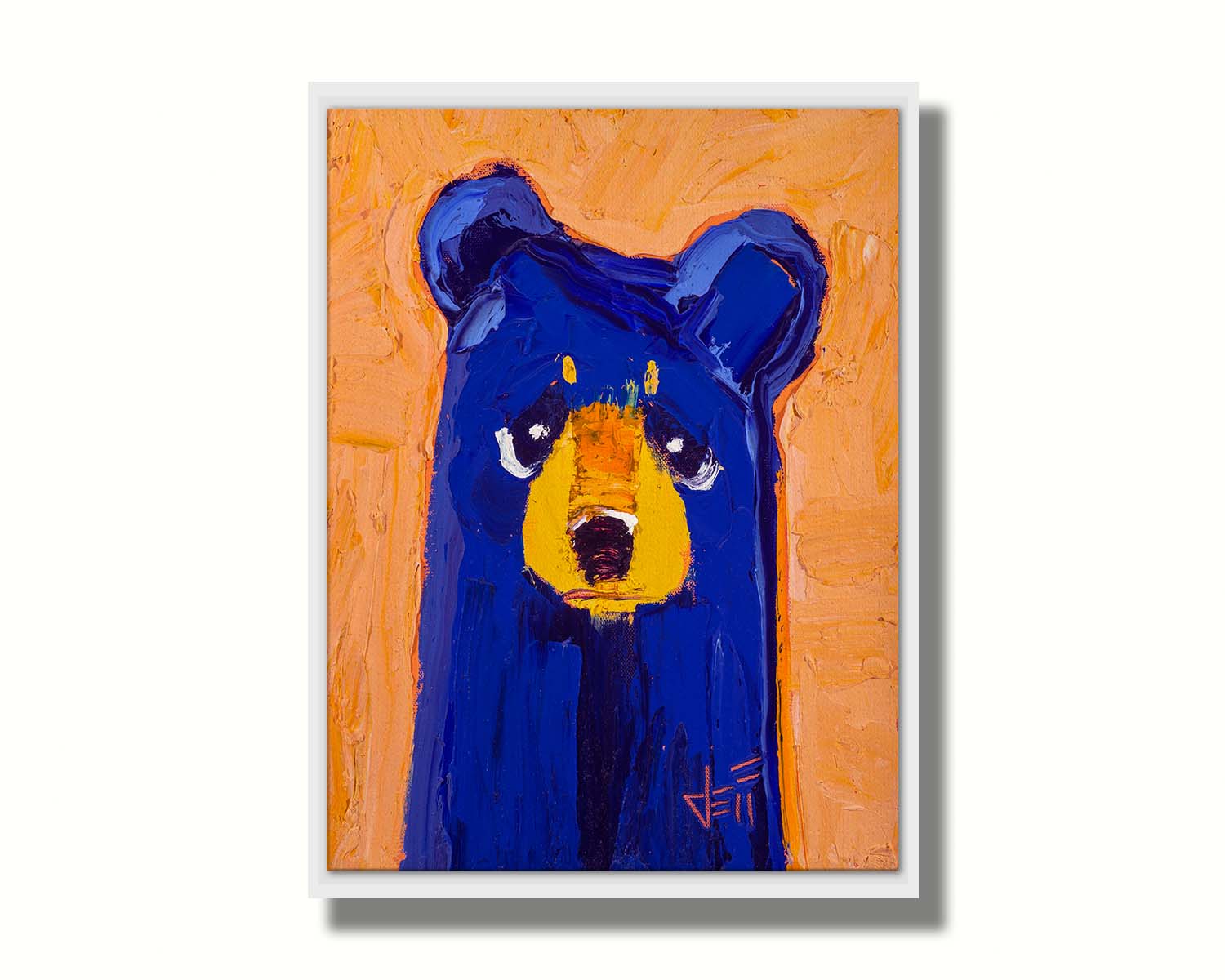 A portrait of a blue bear in a simple style focusing on forms and colors. It is contrasted by a peachy orange background. The simple shapes are given life through testure and visible brush work. Printed on canvas in a float frame.