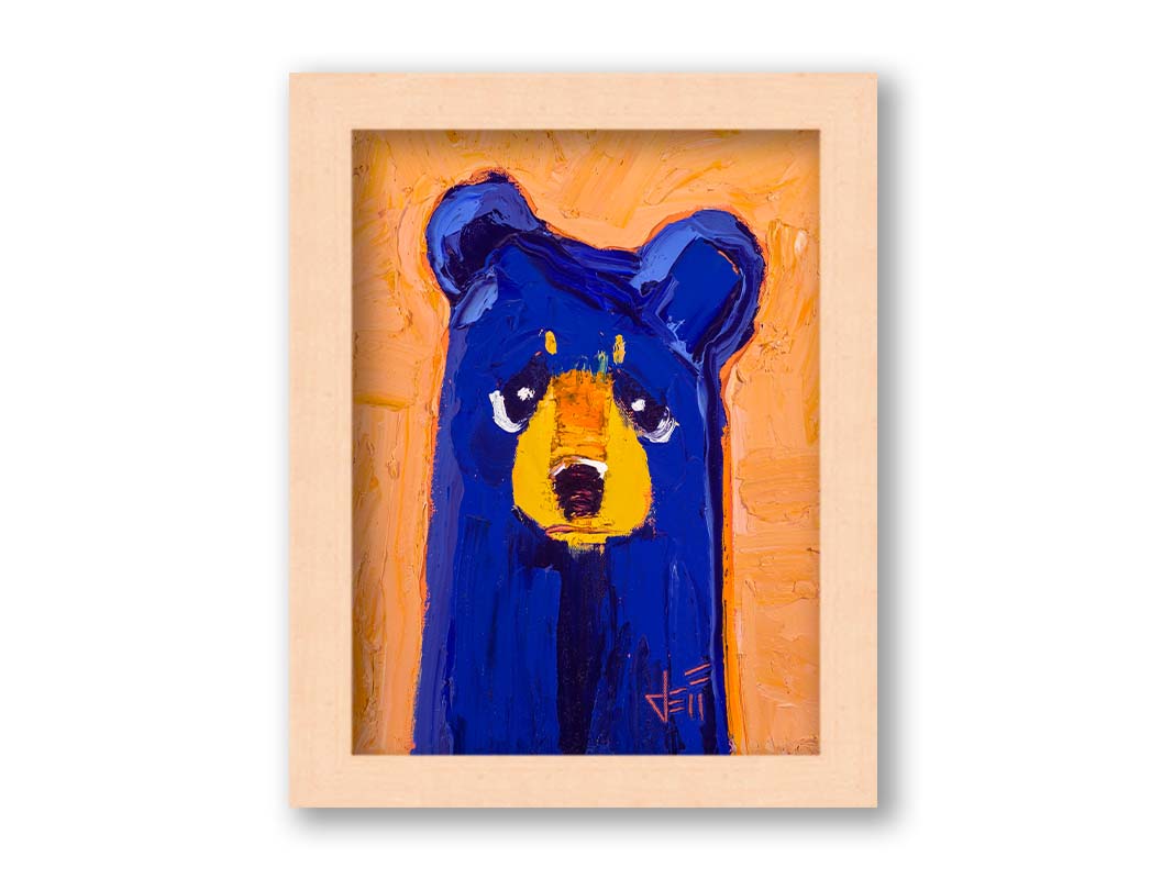 A portrait of a blue bear in a simple style focusing on forms and colors. It is contrasted by a peachy orange background. The simple shapes are given life through testure and visible brush work. Printed on canvas and framed.