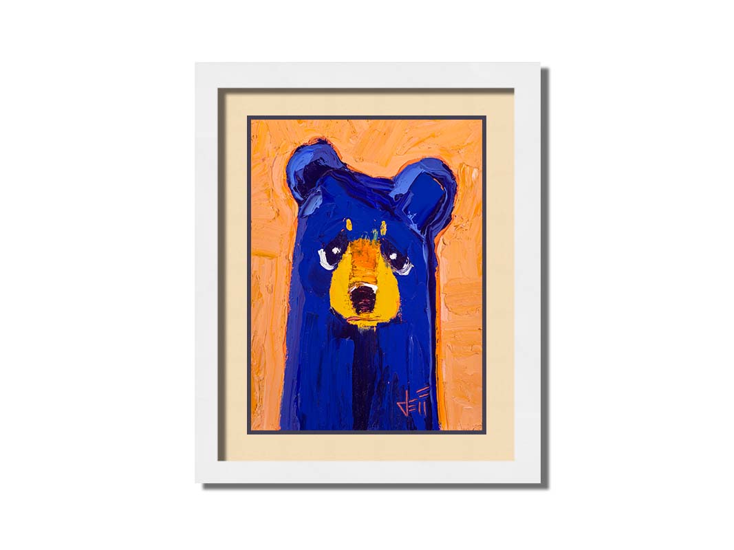 A portrait of a blue bear in a simple style focusing on forms and colors. It is contrasted by a peachy orange background. The simple shapes are given life through testure and visible brush work. Printed on a wood pallet.