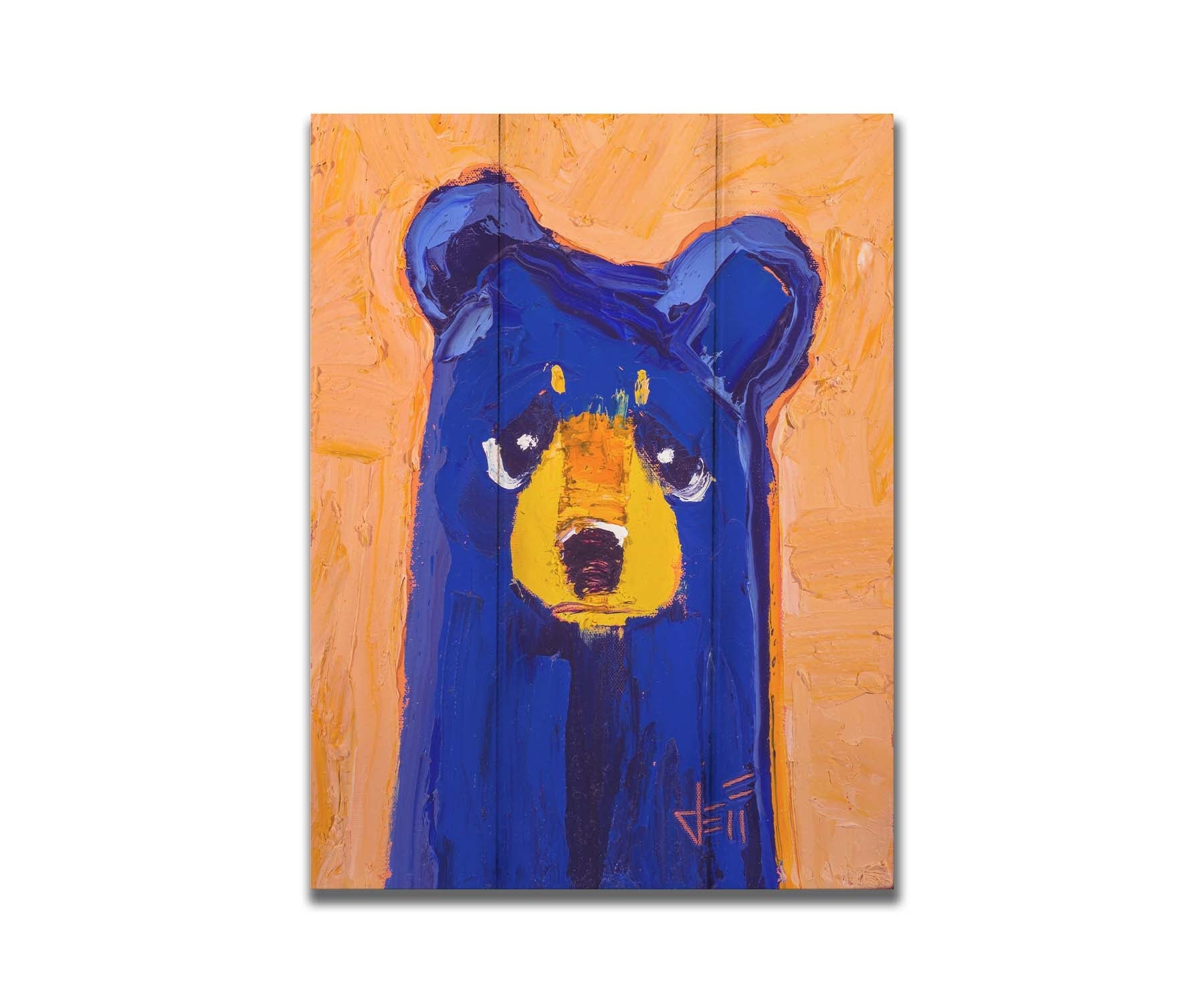 A portrait of a blue bear in a simple style focusing on forms and colors. It is contrasted by a peachy orange background. The simple shapes are given life through testure and visible brush work. Printed on a box board.