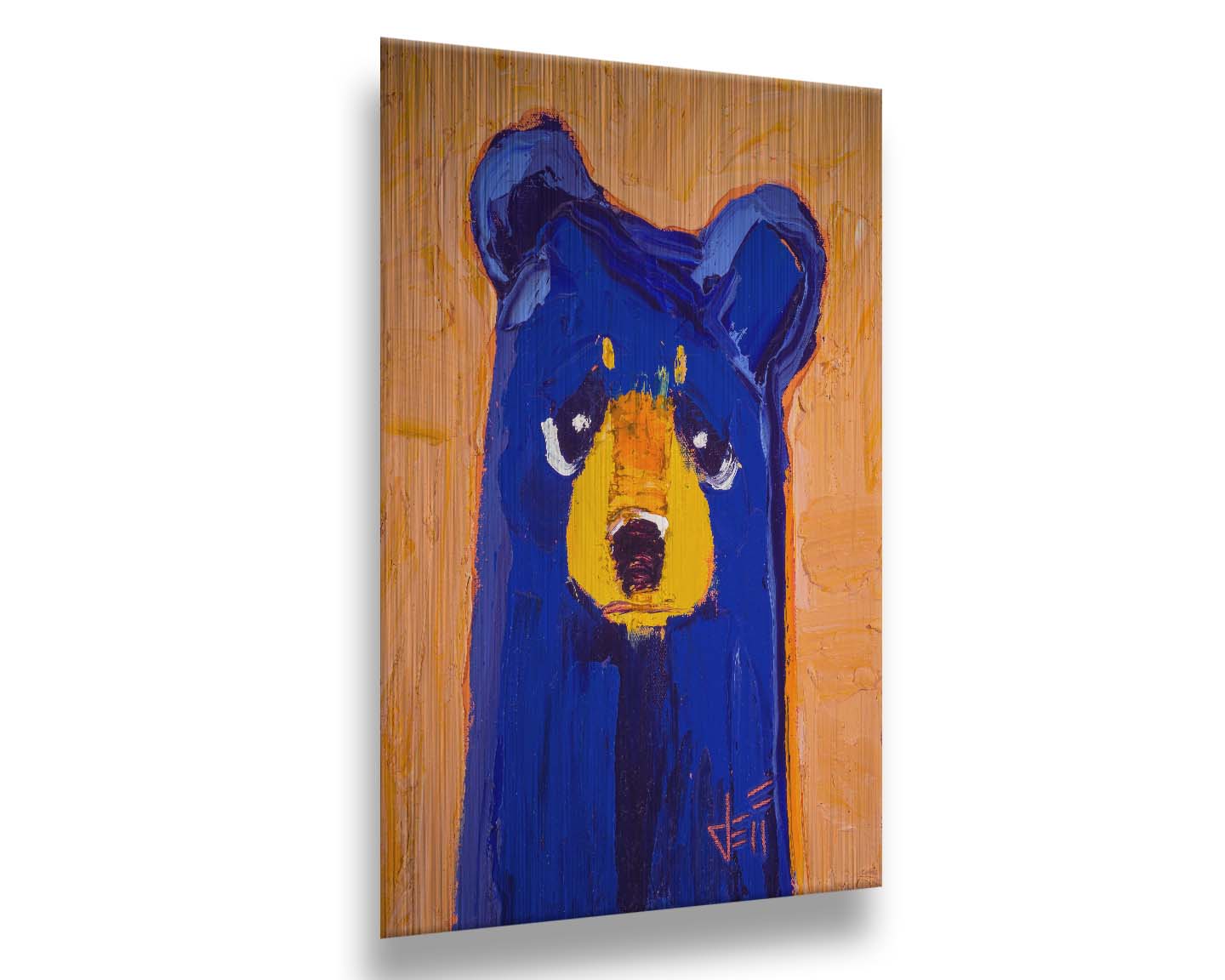 A portrait of a blue bear in a simple style focusing on forms and colors. It is contrasted by a peachy orange background. The simple shapes are given life through testure and visible brush work. Printed on metal.