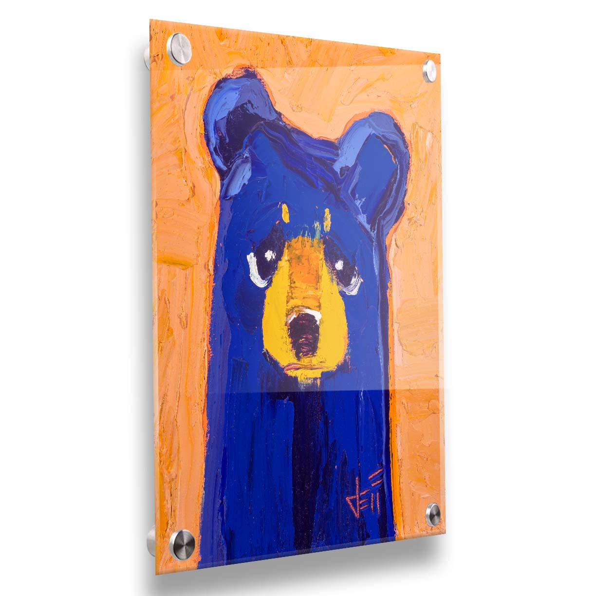 A portrait of a blue bear in a simple style focusing on forms and colors. It is contrasted by a peachy orange background. The simple shapes are given life through testure and visible brush work. Printed on acrylic.