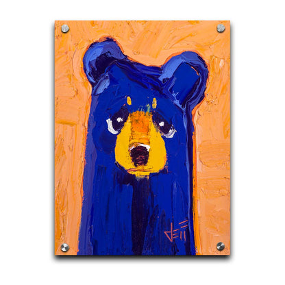 A portrait of a blue bear in a simple style focusing on forms and colors. It is contrasted by a peachy orange background. The simple shapes are given life through testure and visible brush work. Printed on acrylic.