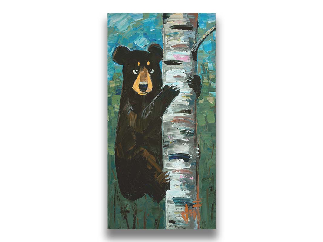 A painting of a simplified black bear, climbing a birch tree trunk. The simplification of form is contrasted by the thick paint textures created with heavy, visible brushstrokes and use of broken color. Printed on canvas.