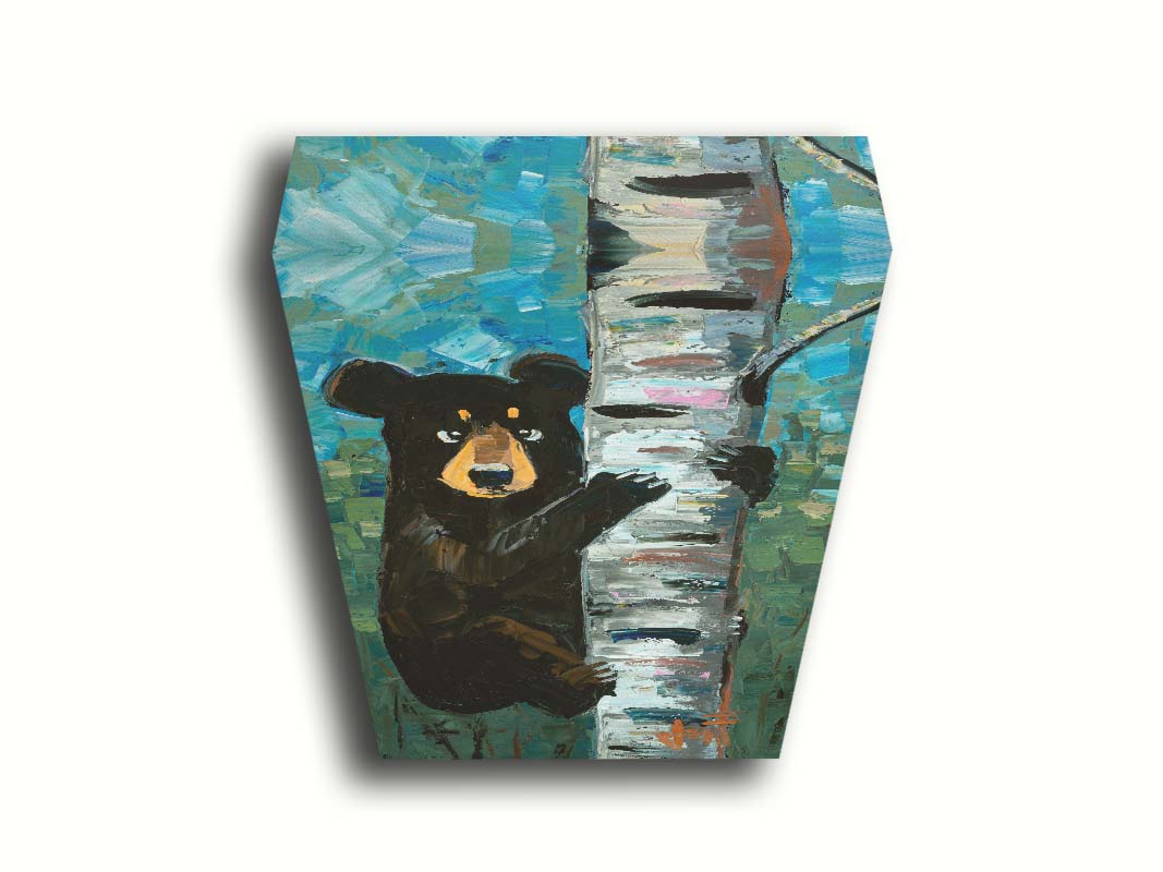 A painting of a simplified black bear, climbing a birch tree trunk. The simplification of form is contrasted by the thick paint textures created with heavy, visible brushstrokes and use of broken color. Printed on canvas.