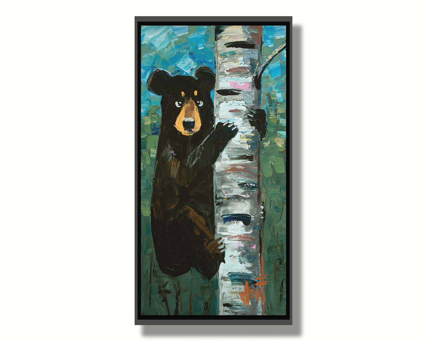 A painting of a simplified black bear, climbing a birch tree trunk. The simplification of form is contrasted by the thick paint textures created with heavy, visible brushstrokes and use of broken color. Printed on canvas in a float frame.