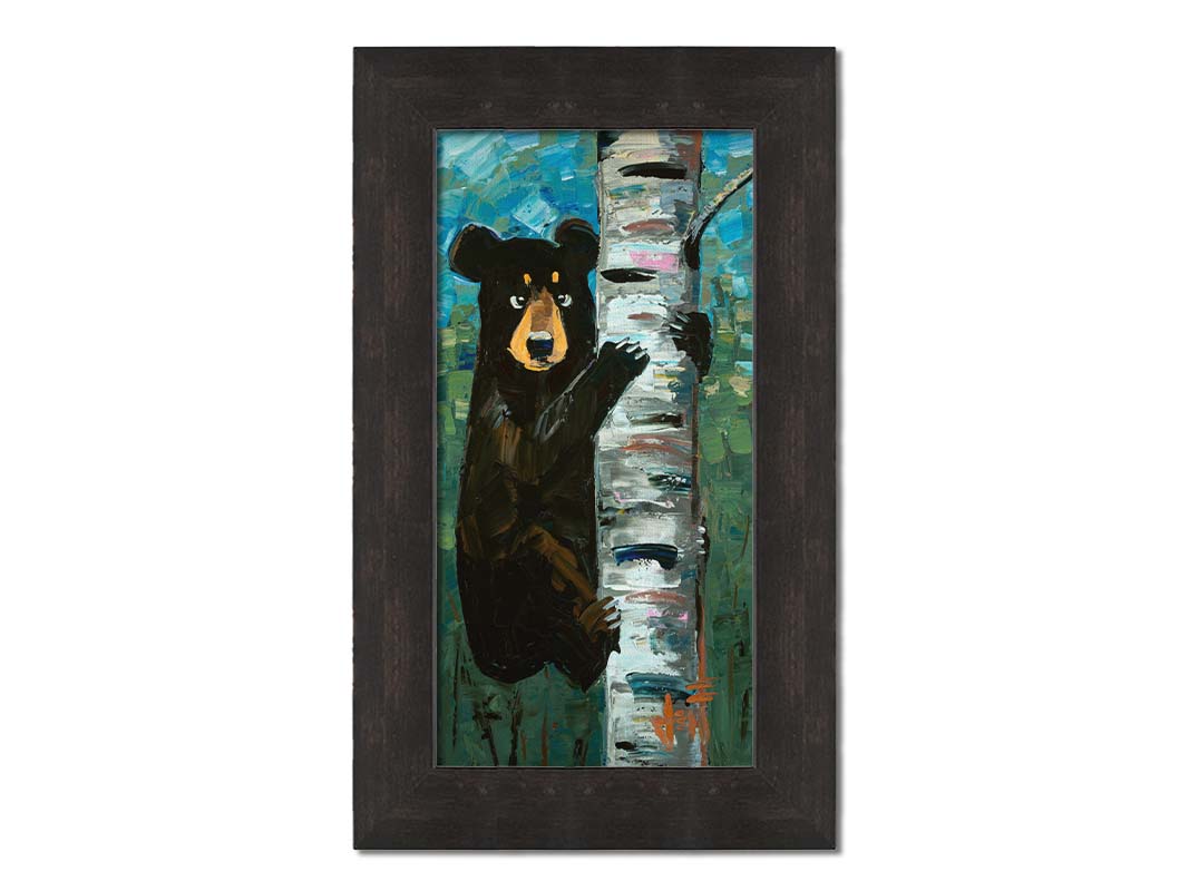 A painting of a simplified black bear, climbing a birch tree trunk. The simplification of form is contrasted by the thick paint textures created with heavy, visible brushstrokes and use of broken color. Printed on canvas and framed.