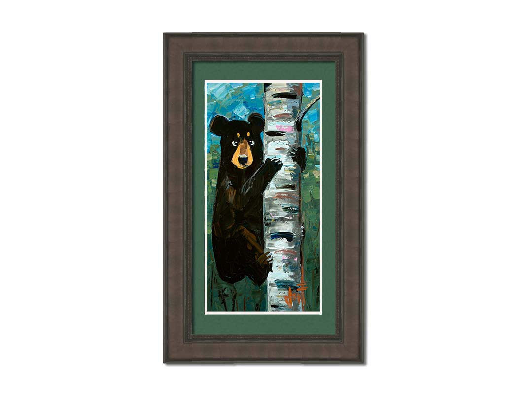 A painting of a simplified black bear, climbing a birch tree trunk. The simplification of form is contrasted by the thick paint textures created with heavy, visible brushstrokes and use of broken color. Printed on paper, matted, and framed.