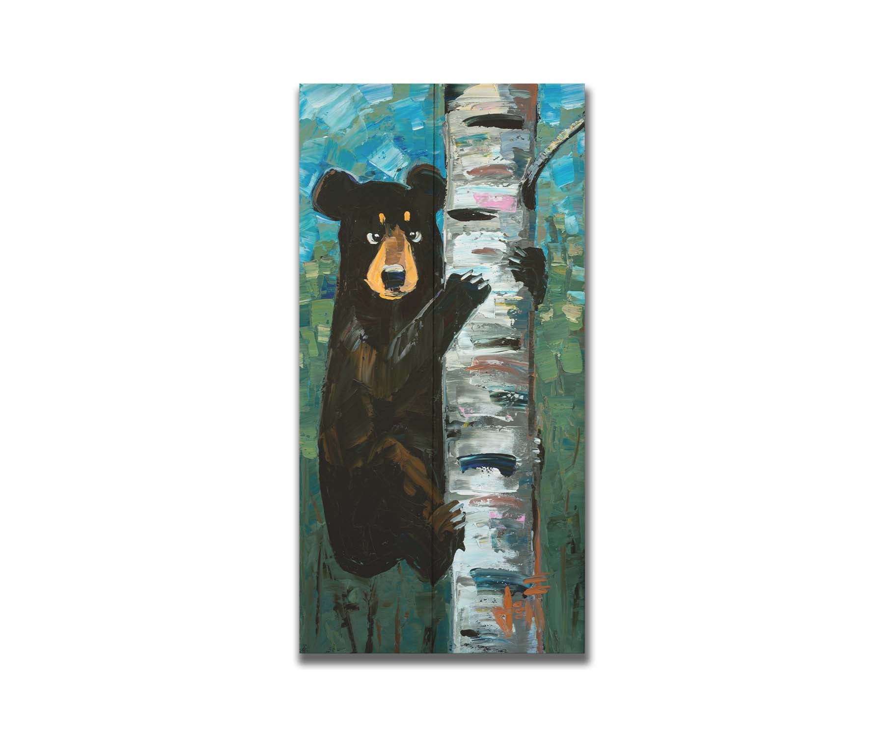 A painting of a simplified black bear, climbing a birch tree trunk. The simplification of form is contrasted by the thick paint textures created with heavy, visible brushstrokes and use of broken color. Printed on a box board.