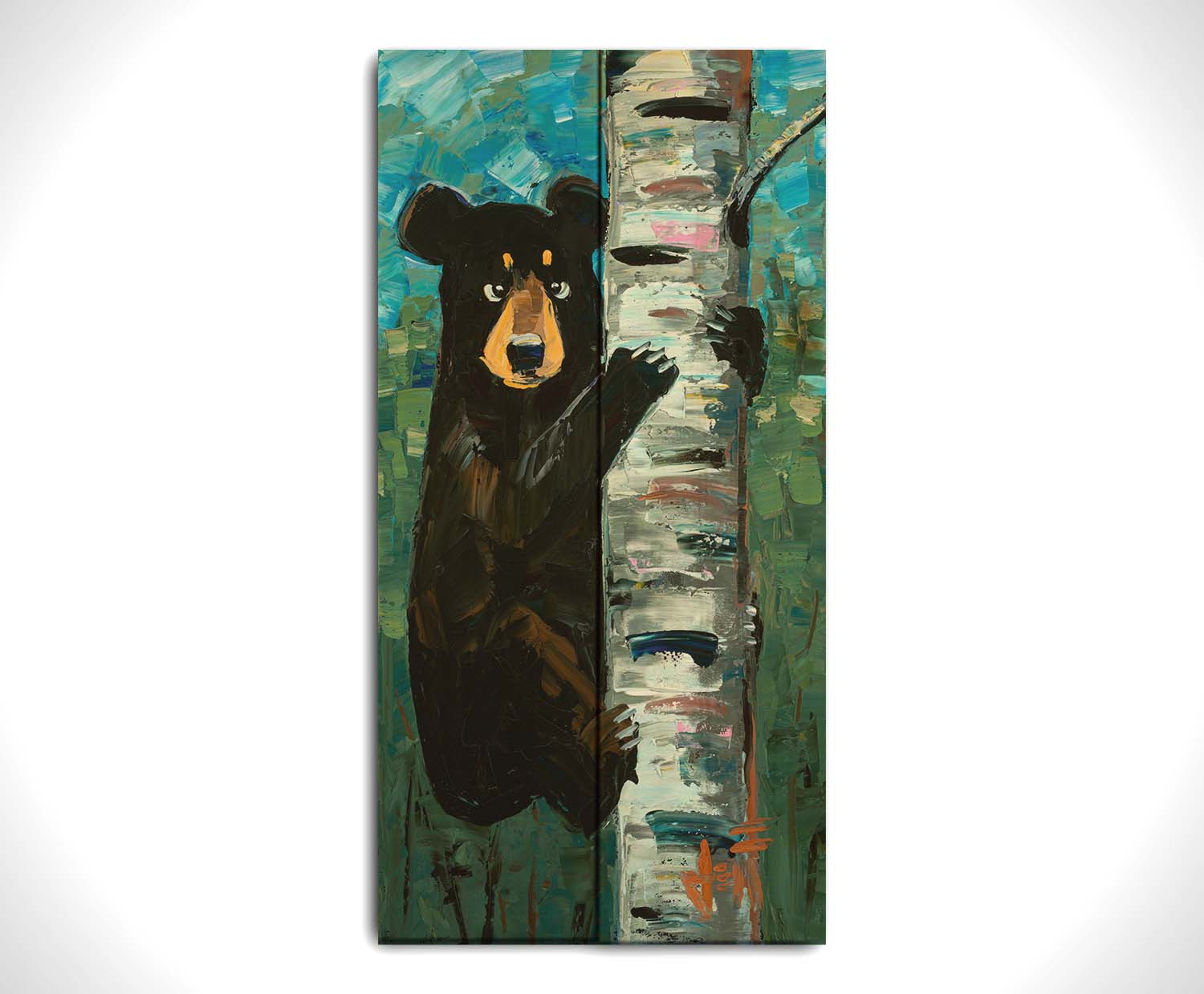 A painting of a simplified black bear, climbing a birch tree trunk. The simplification of form is contrasted by the thick paint textures created with heavy, visible brushstrokes and use of broken color. Printed on a wood pallet.