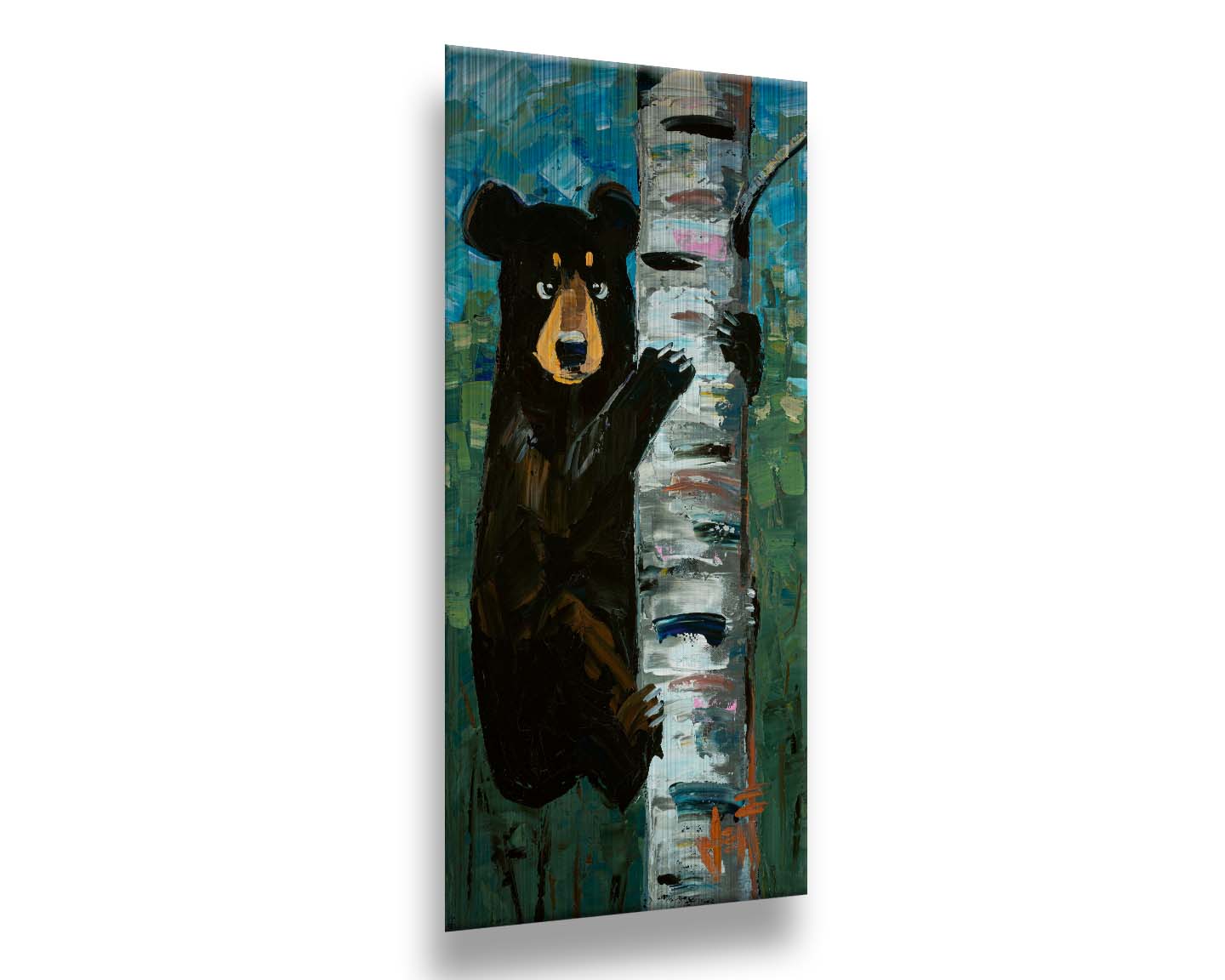 A painting of a simplified black bear, climbing a birch tree trunk. The simplification of form is contrasted by the thick paint textures created with heavy, visible brushstrokes and use of broken color. Printed on metal.