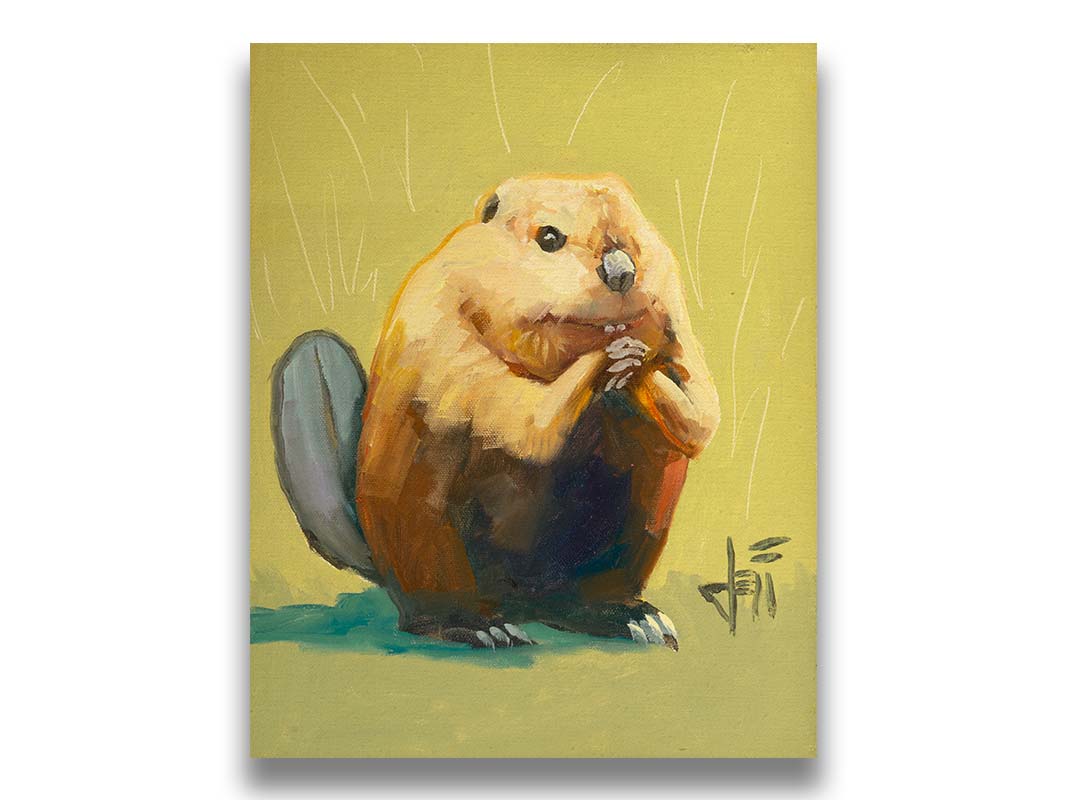 A portrait painting of a simplified beaver sitting in a yellow background with abstract marks suggesting grass and shrubbery. Printed on canvas.