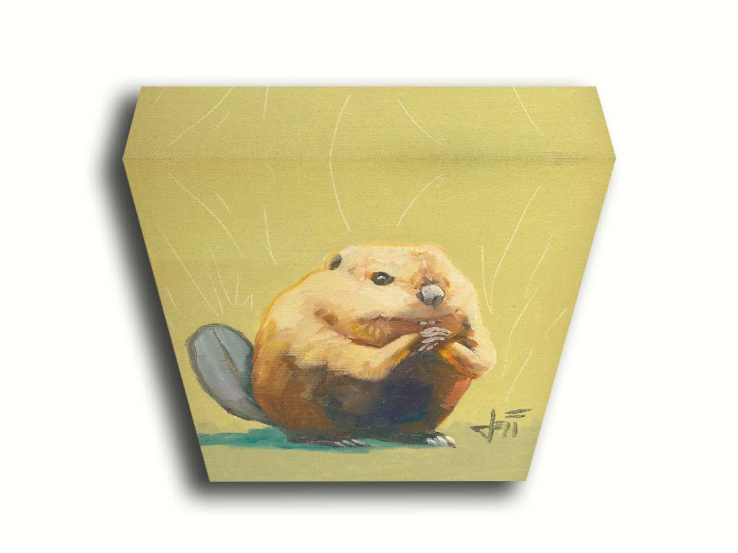 A portrait painting of a simplified beaver sitting in a yellow background with abstract marks suggesting grass and shrubbery. Printed on canvas.