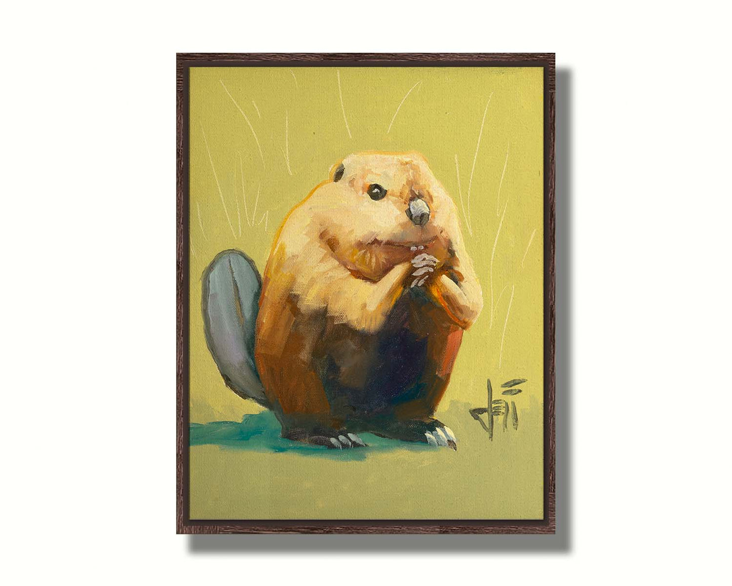 A portrait painting of a simplified beaver sitting in a yellow background with abstract marks suggesting grass and shrubbery. Printed on canvas in a flaot frame.