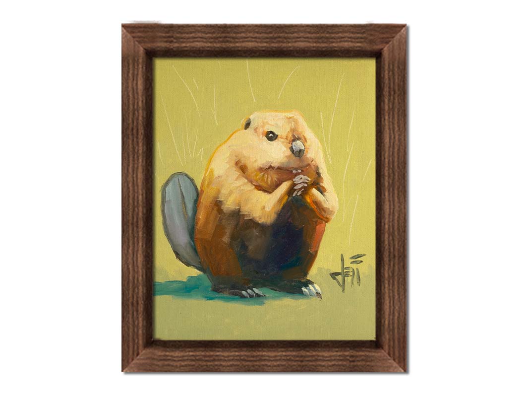 A portrait painting of a simplified beaver sitting in a yellow background with abstract marks suggesting grass and shrubbery. Printed on canvas and framed.