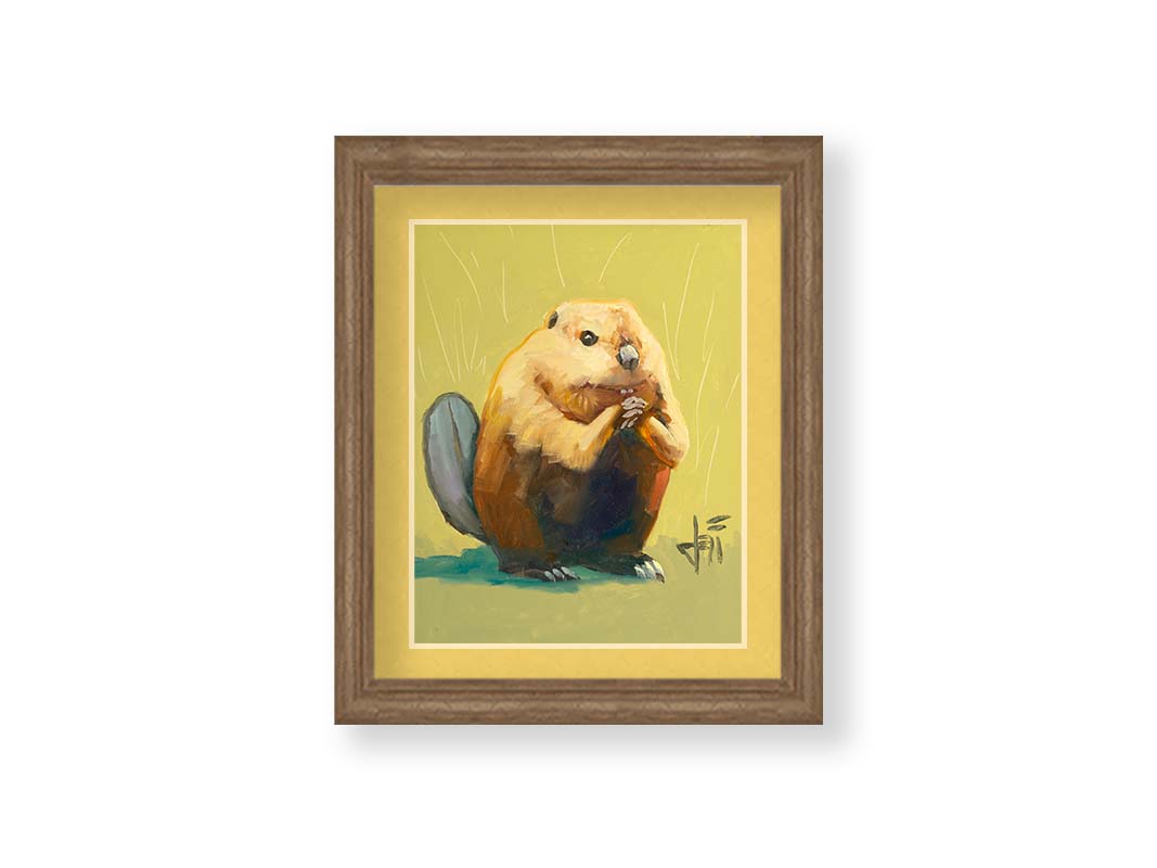 A portrait painting of a simplified beaver sitting in a yellow background with abstract marks suggesting grass and shrubbery. Printed on paper, matted, and framed.