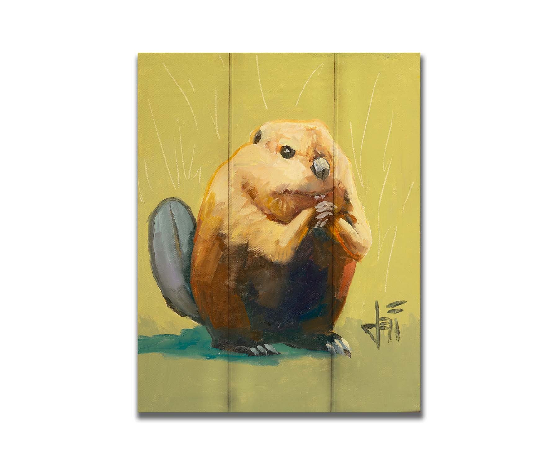 A portrait painting of a simplified beaver sitting in a yellow background with abstract marks suggesting grass and shrubbery. Printed on a box board.