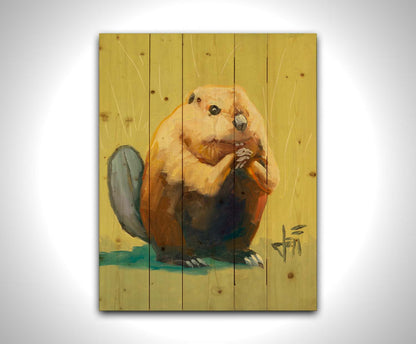 A portrait painting of a simplified beaver sitting in a yellow background with abstract marks suggesting grass and shrubbery. Printed on a wood pallet.